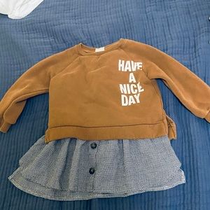 Zara Girls Sweatshirt Dress Brown Plaid Graphic Tee Size 5